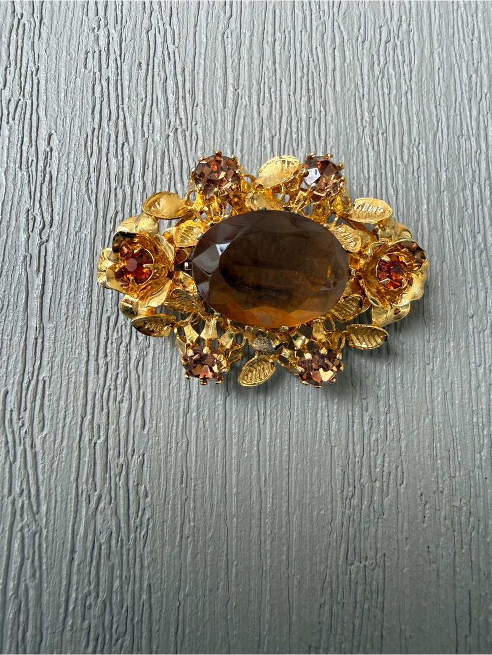 Vintage Made Austria Amber Topaz Glass Floral Brooch Gold Tone 1.75”